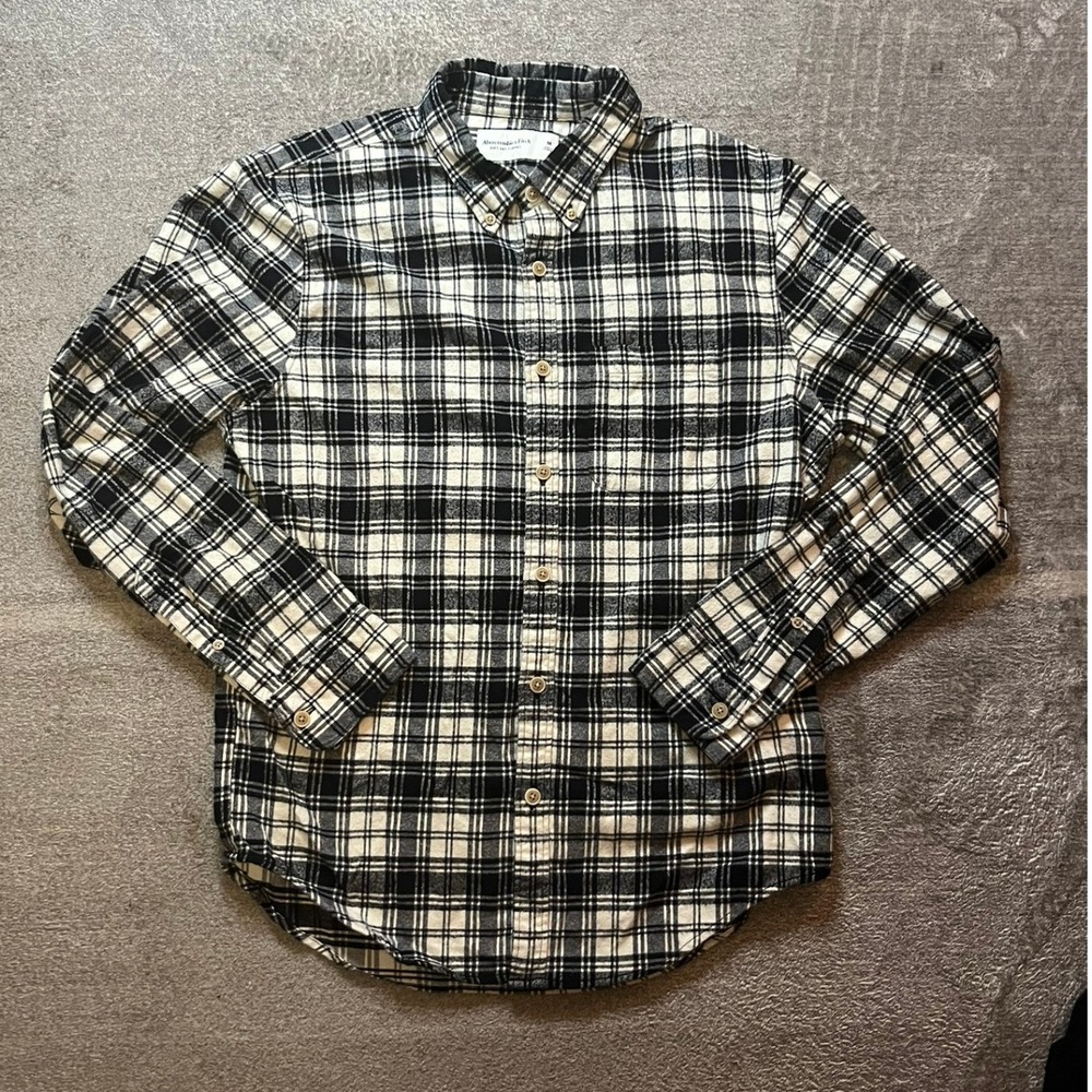 Abercrombie & Fitch Mens Soft Flannel Shirt Black White Plaid Button Down M Cozy